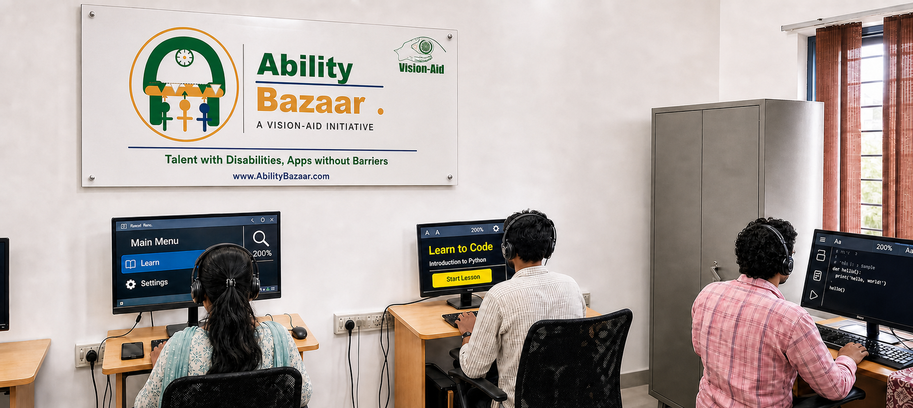 Three learners with disabilities work at computers with headphones beneath an Ability Bazaar - A Vision-Aid initiative sign; their large-text screens show a screen-reader menu, a 'Learn to Code' Python lesson and a code editor at 200% zoom.